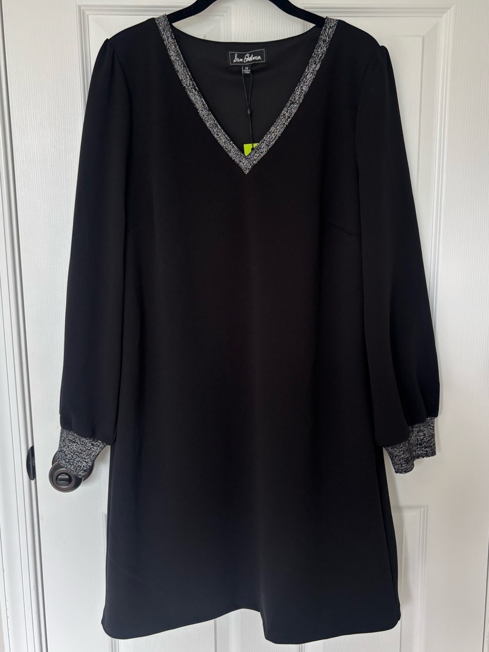 Sam Edelman Black Long Sleeve V-Neck Dress with Silver Trim Holiday NWT